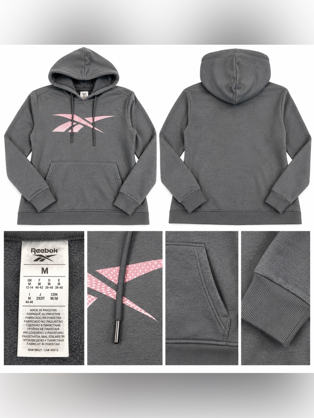 Reebok Women’s Gray & Pink Logo Pullover Hoodie – Size Medium